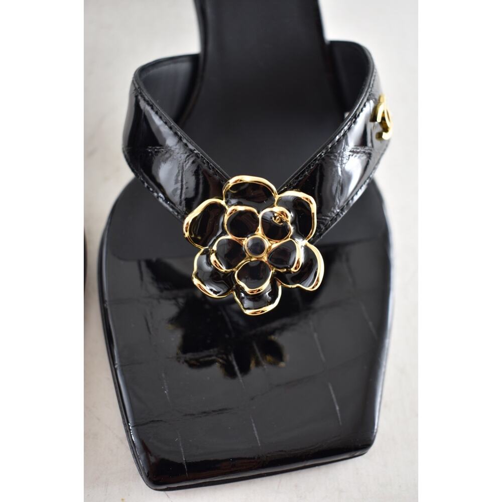 Chanel 26A Black Crocodile Croc CC Flower Backless Mule Heel Thong Sandal 37 - Picture 11 of 16